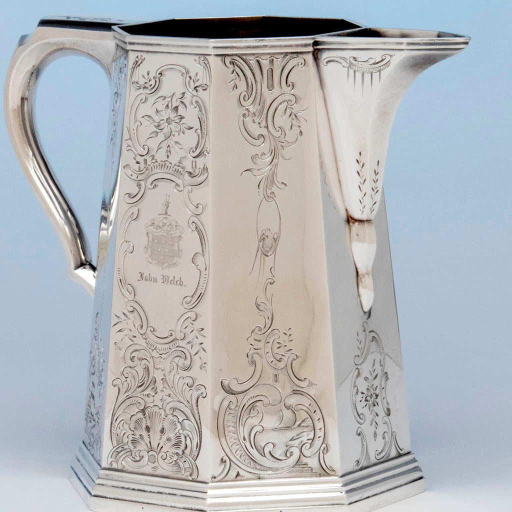 Spout of the Lows, Ball and Company, likely by Obadiah Rich, Antique Coin Silver Pitcher, Boston, MA, 1840-46