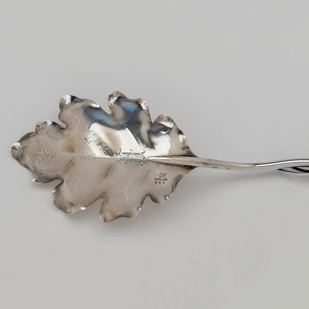 Marks and initial on Redlich &amp; Co. &#39;Rusticana&#39; Antique Sterling Silver Berry Spoon, NYC, c. 1895