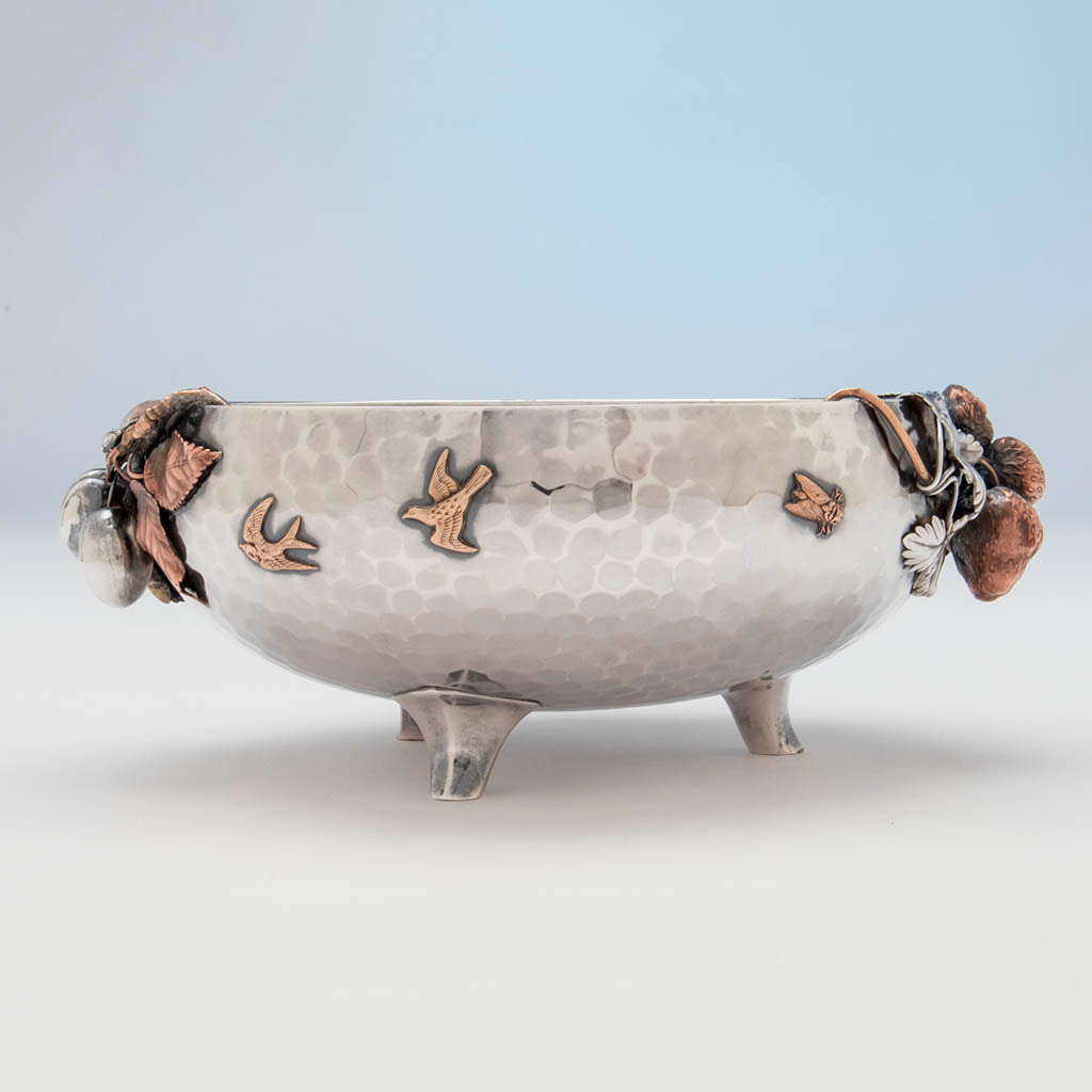 Birds on Gorham Antique Sterling Silver and Other Metals Aesthetic Movement Mixed Metals Fruit Bowl, 1881