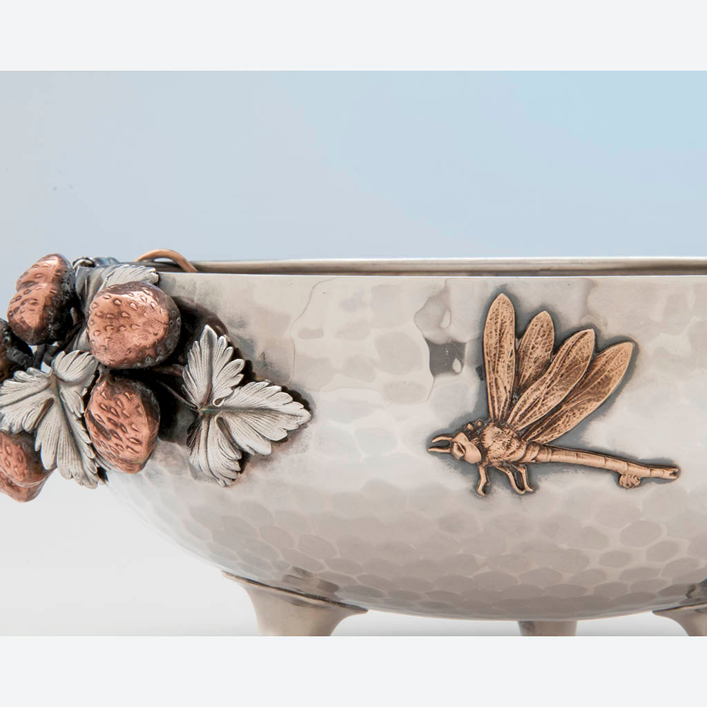 Dragonfly on Gorham Antique Sterling Silver and Other Metals Aesthetic Movement Mixed Metals Fruit Bowl, 1881