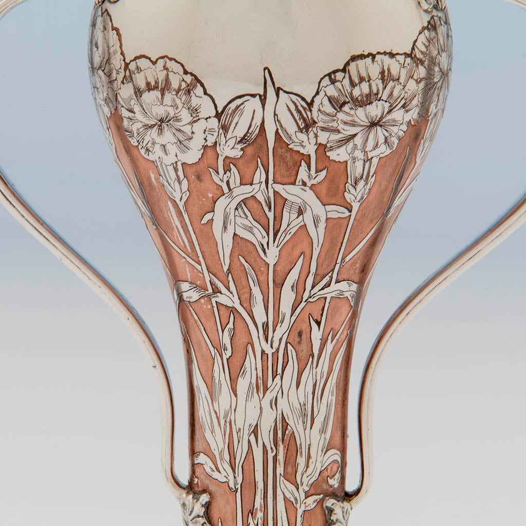 Side of Tiffany &amp; Co Antique Sterling Silver and Copper Vase, NYC, NY, 1903