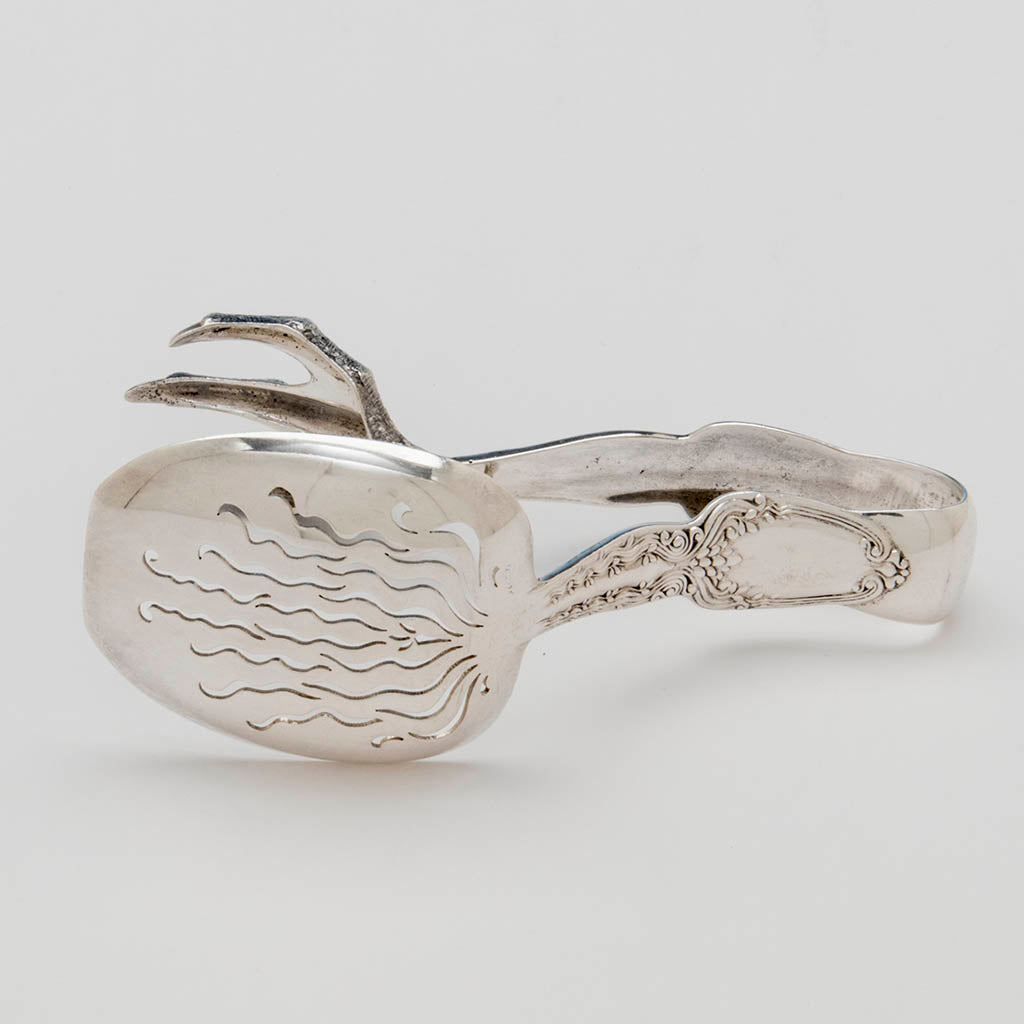 Piercing on Tiffany &amp; Co &#39;Broom-corn&#39; Pattern Antique Sterling Ice Tongs, NYC, NY, c. 1900