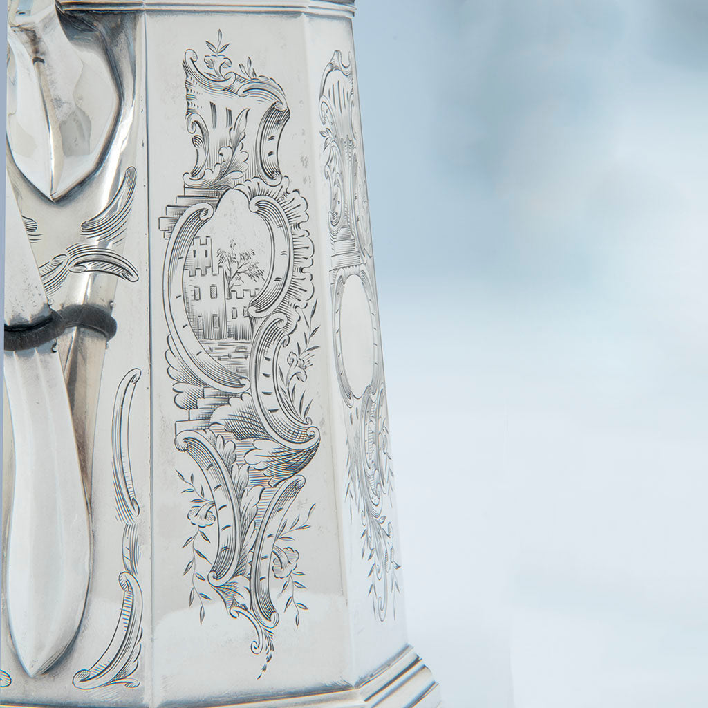 Castle detail on Rich, Obadiah (attr.) 6-piece Antique Coin Silver Coffee and Tea Service, retailed by Lows, Ball &amp; Company, Boston, c. 1840&#39;s