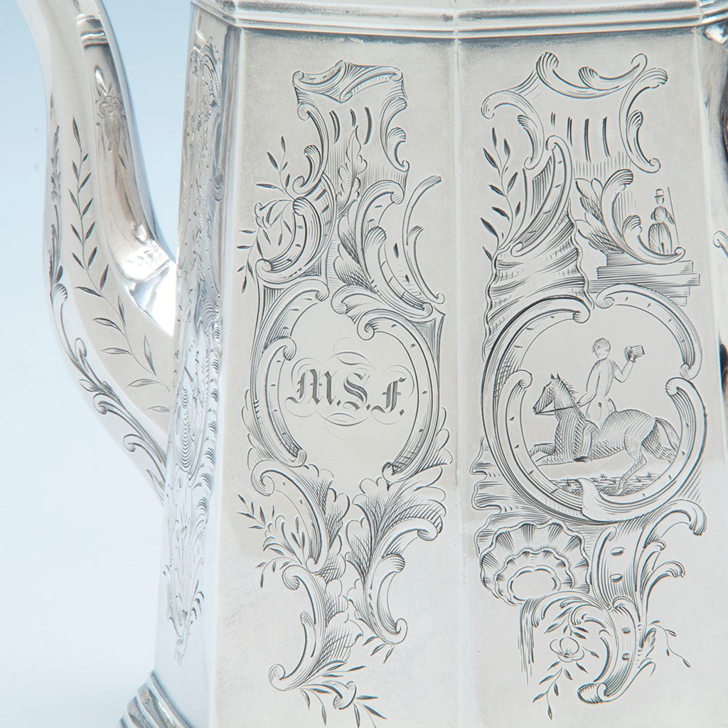 Monogram and horse on Rich, Obadiah (attr.) 6-piece Antique Coin Silver Coffee and Tea Service, retailed by Lows, Ball &amp; Company, Boston, c. 1840&#39;s