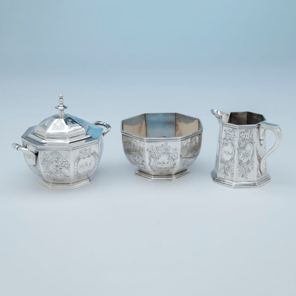 Creamer, sugar and waste to Rich, Obadiah (attr.) 6-piece Antique Coin Silver Coffee and Tea Service, retailed by Lows, Ball &amp; Company, Boston, c. 1840&#39;s 