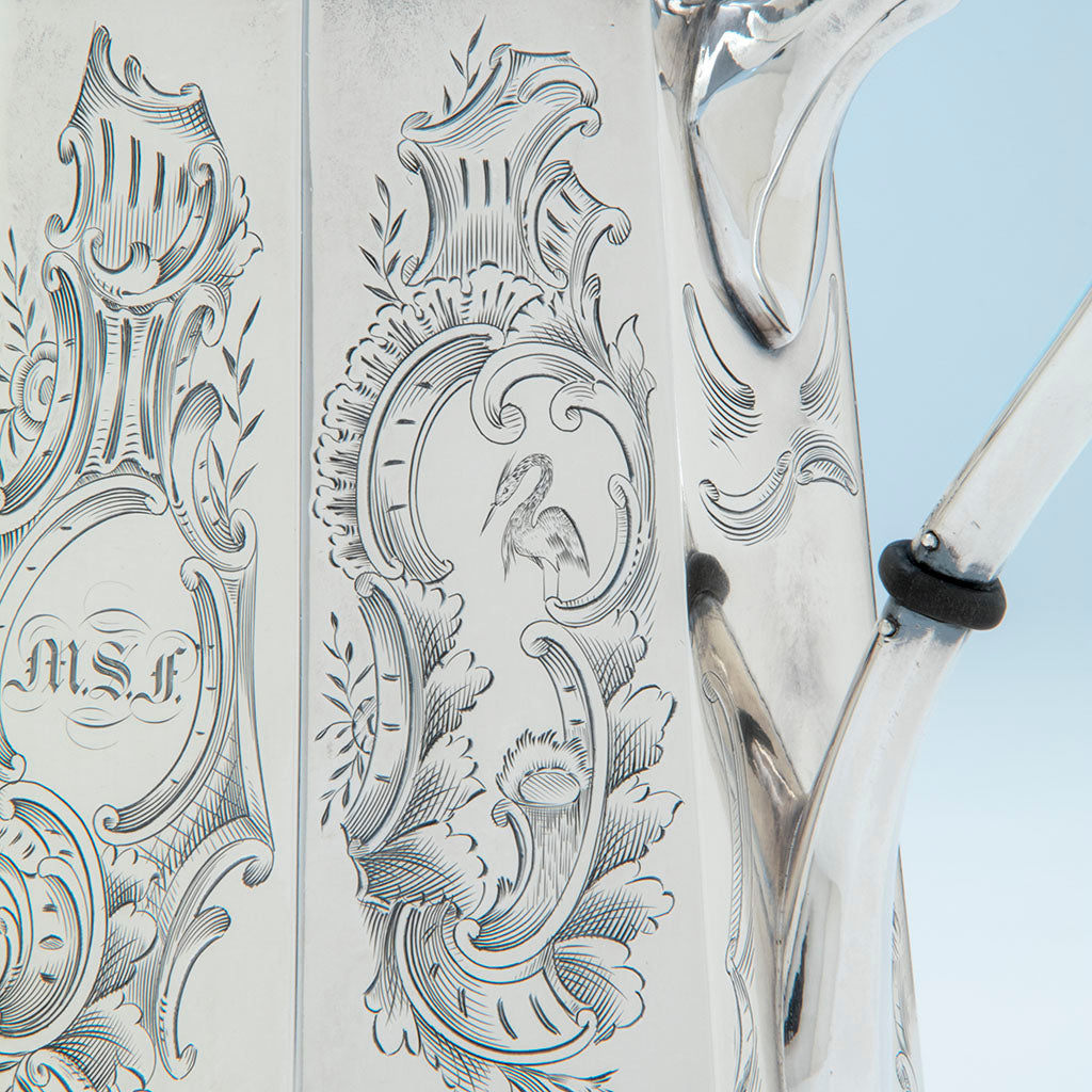 Pelican on Rich, Obadiah (attr.) 6-piece Antique Coin Silver Coffee and Tea Service, retailed by Lows, Ball &amp; Company, Boston, c. 1840&#39;s