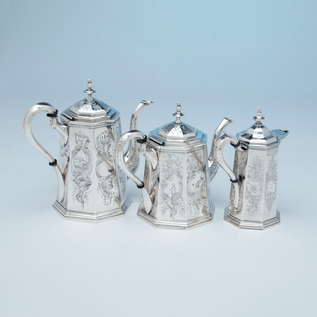 Pots to Rich, Obadiah (attr.) 6-piece Antique Coin Silver Coffee and Tea Service, retailed by Lows, Ball &amp; Company, Boston, c. 1840&#39;s