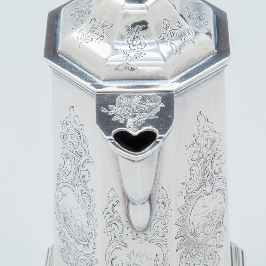 Heart detail on hot milk pot made by Woodward &amp; Grosjean, Boston, late 1840&#39;s