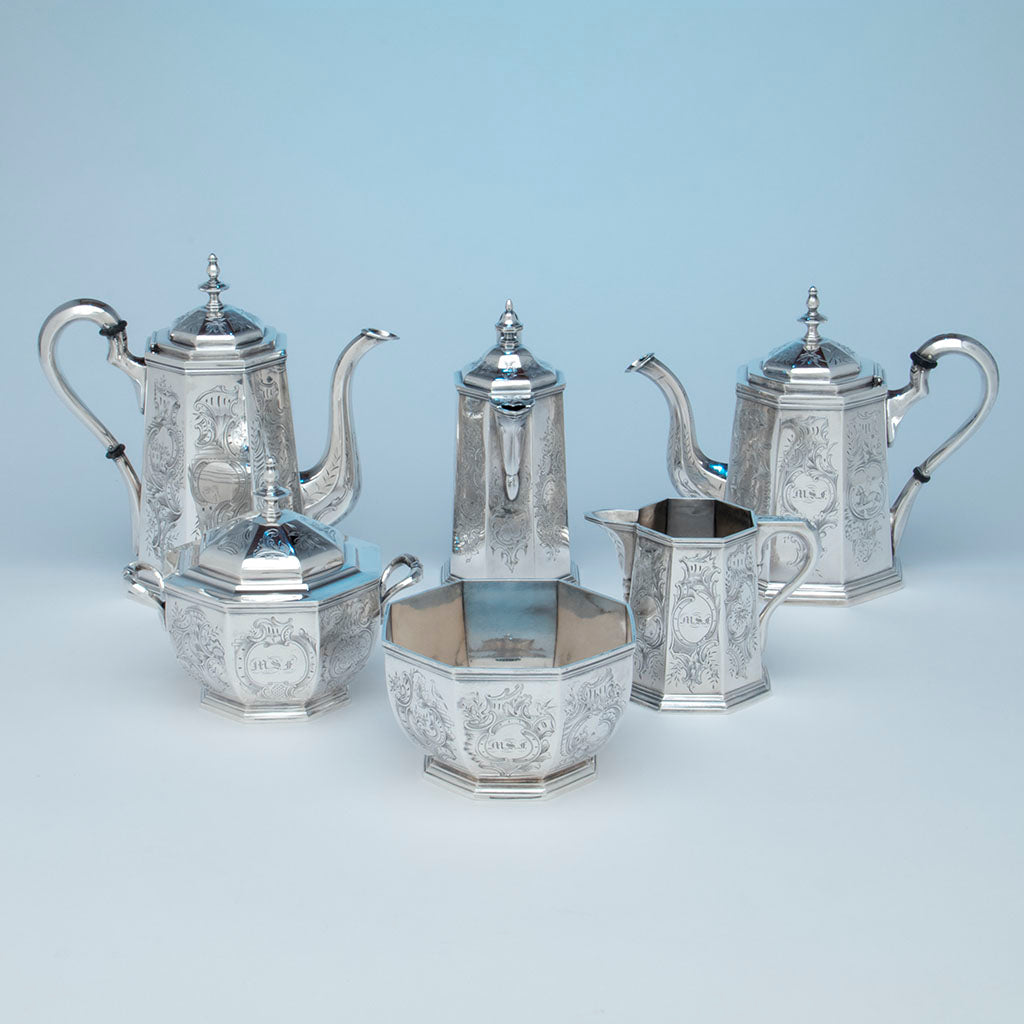 Exceptional Rich, Obadiah (attr.) 6-piece Antique Coin Silver Coffee and Tea Service, retailed by Lows, Ball &amp; Company, Boston, c. 1840&#39;s
