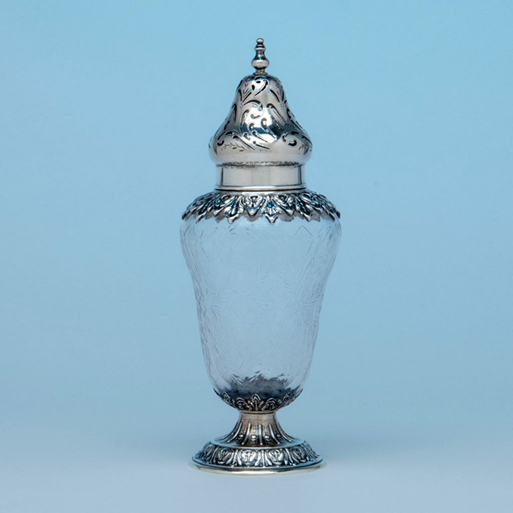 Durgin Antique Sterling and Crystal Muffineer, Concord, NH, c. 1880