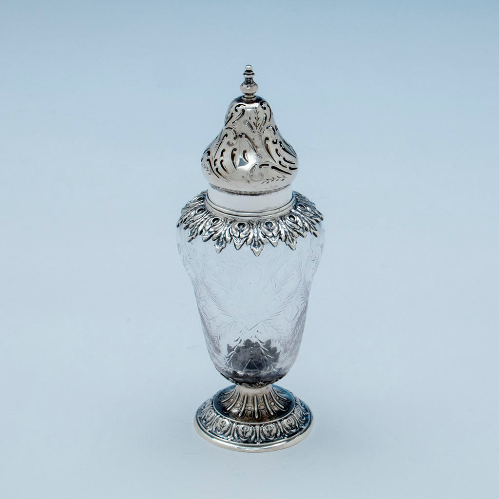 Detail of Durgin Antique Sterling and Crystal Muffineer, Concord, NH, c. 1880
