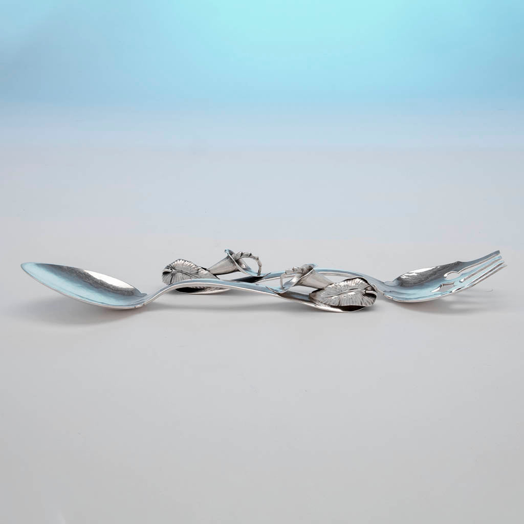 Side view of Schaeffer, Lona P. Arts and Crafts Sterling Silver Salad Servers, NYC, c. 1930&#39;s