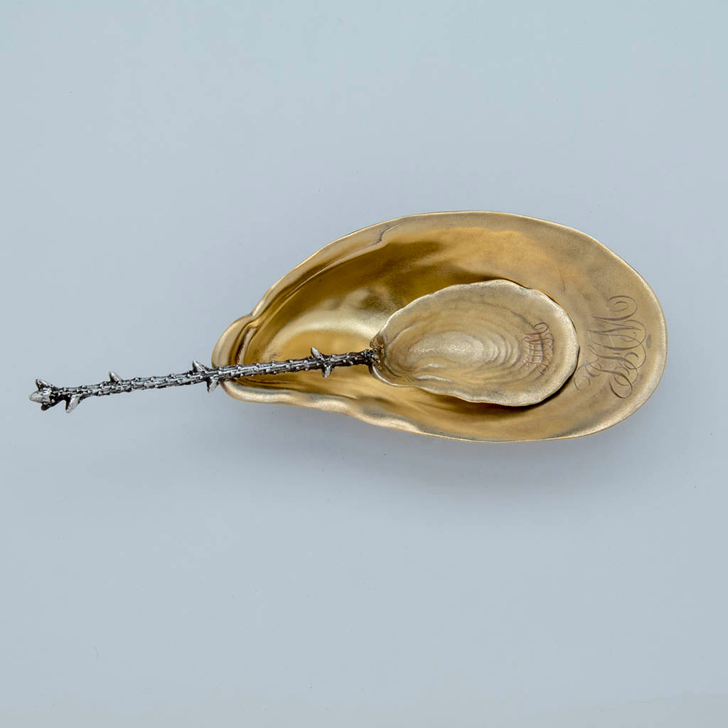 Top view of Gorham Antique Sterling Silver Salted Almond Dish with Serving Spoon, Providence, Ri, 1881