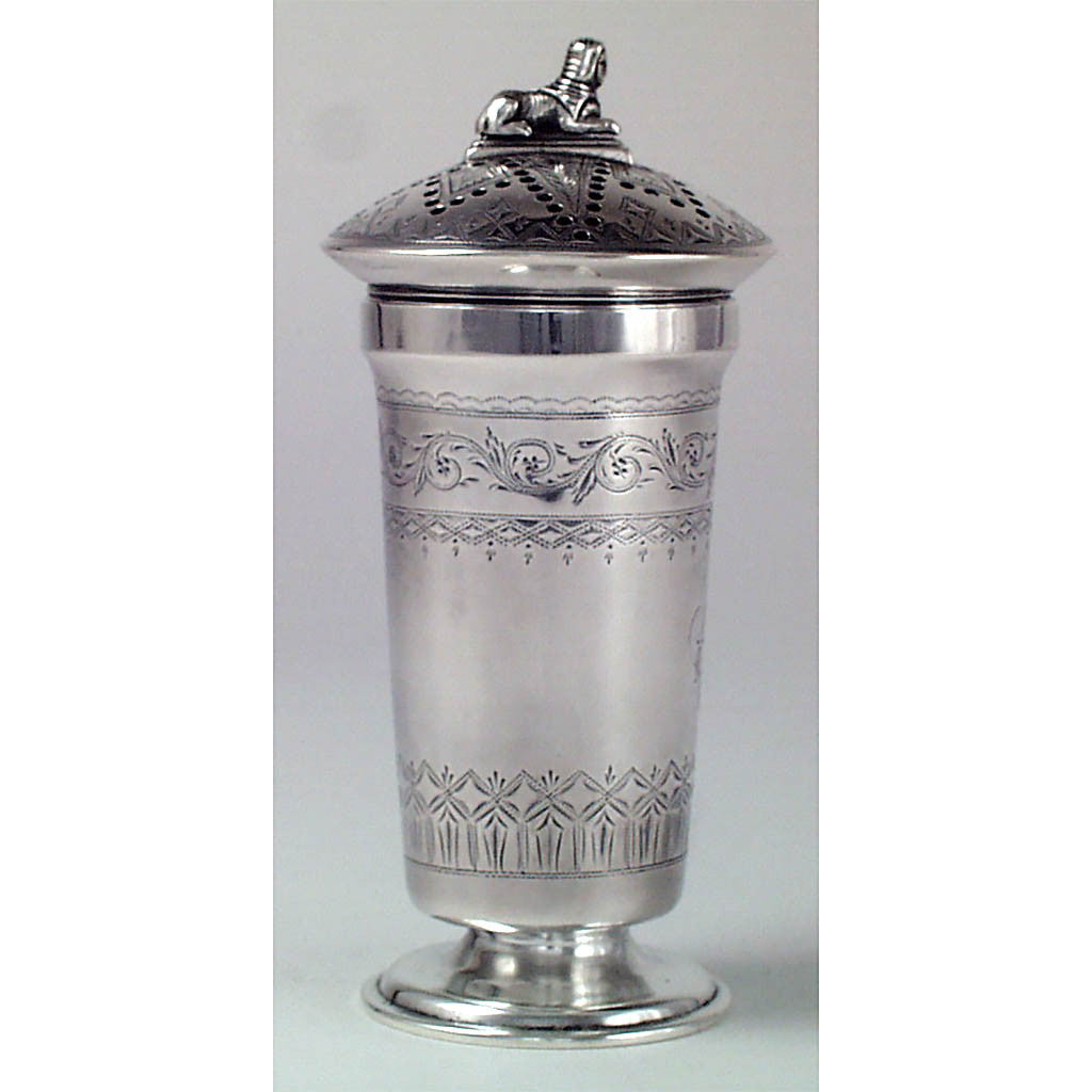 Sive view of the Kirk 11 oz Egyptian Revival Muffineer c. 1870