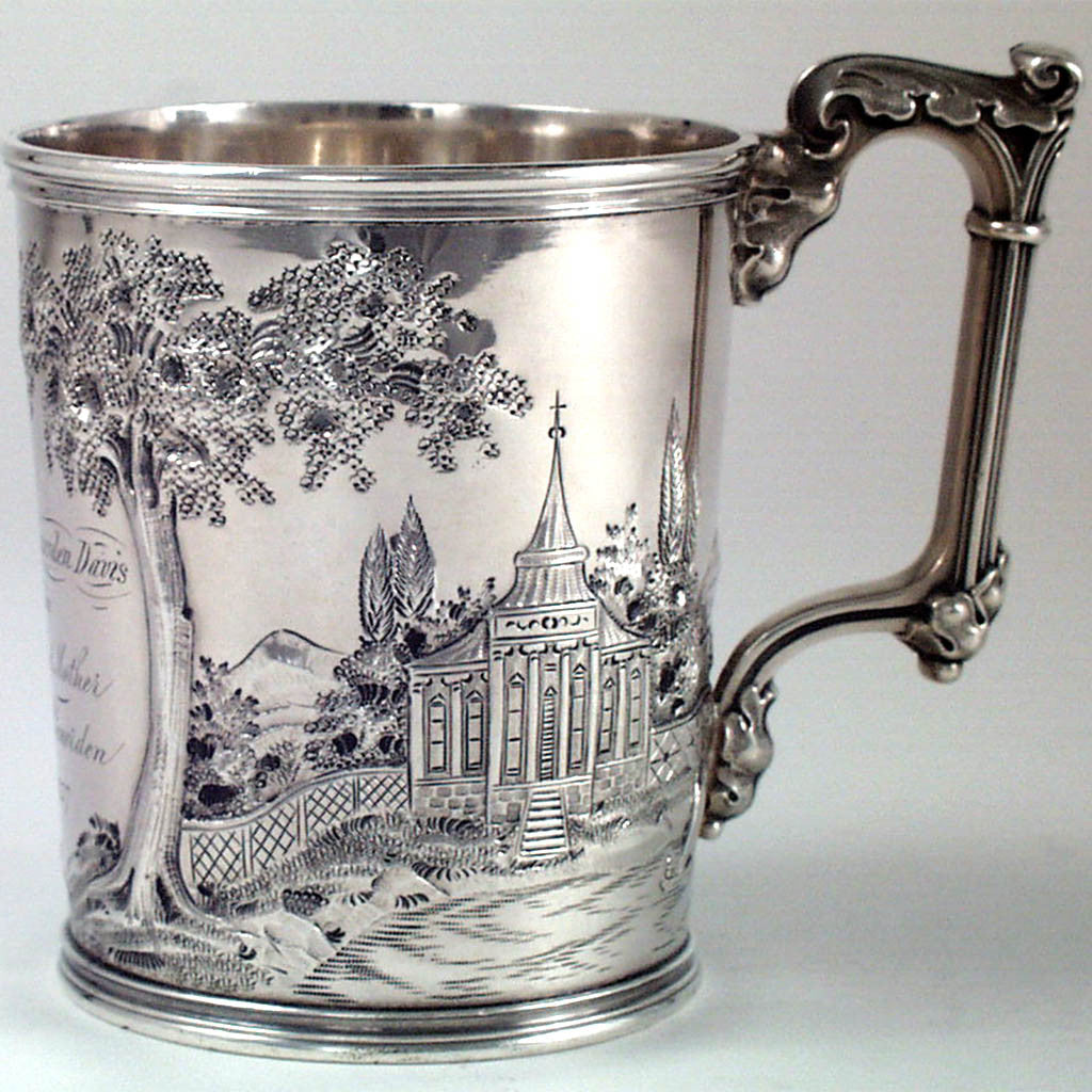 Reverse side of Gorham Coin Silver Child&#39;s Cup with Romantic Repoussé Scenery, c. 1857