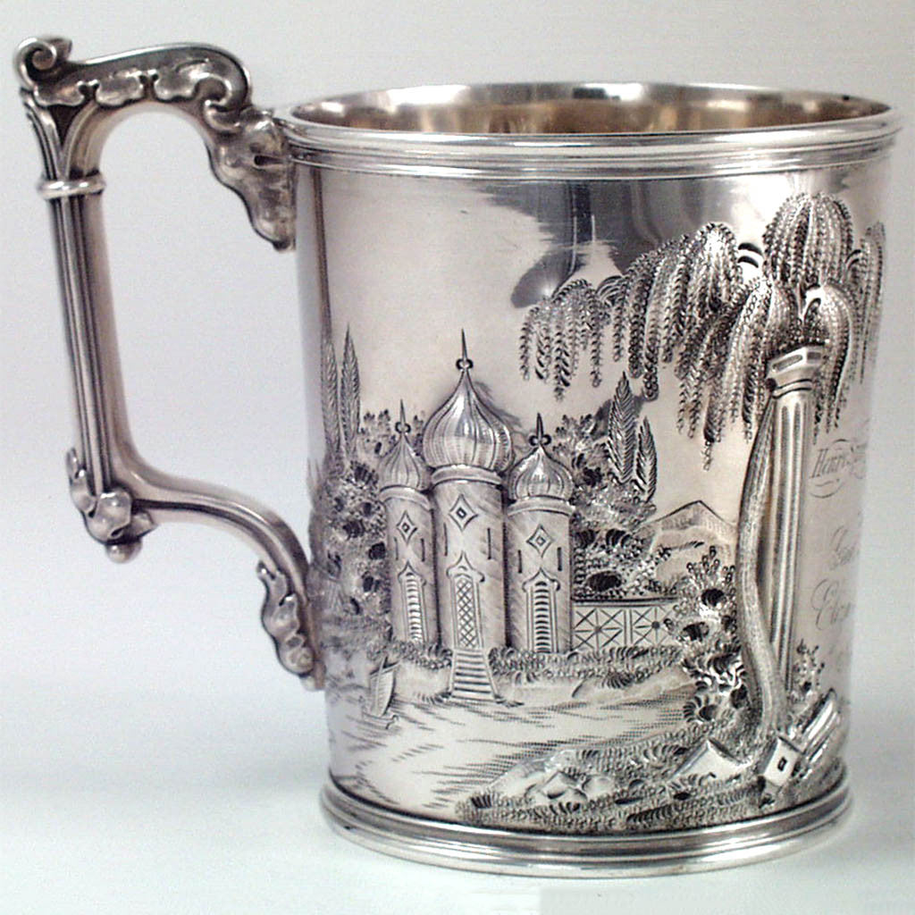 Gorham Coin Silver Child's Cup with Romantic Repoussé Scenery, c. 1857