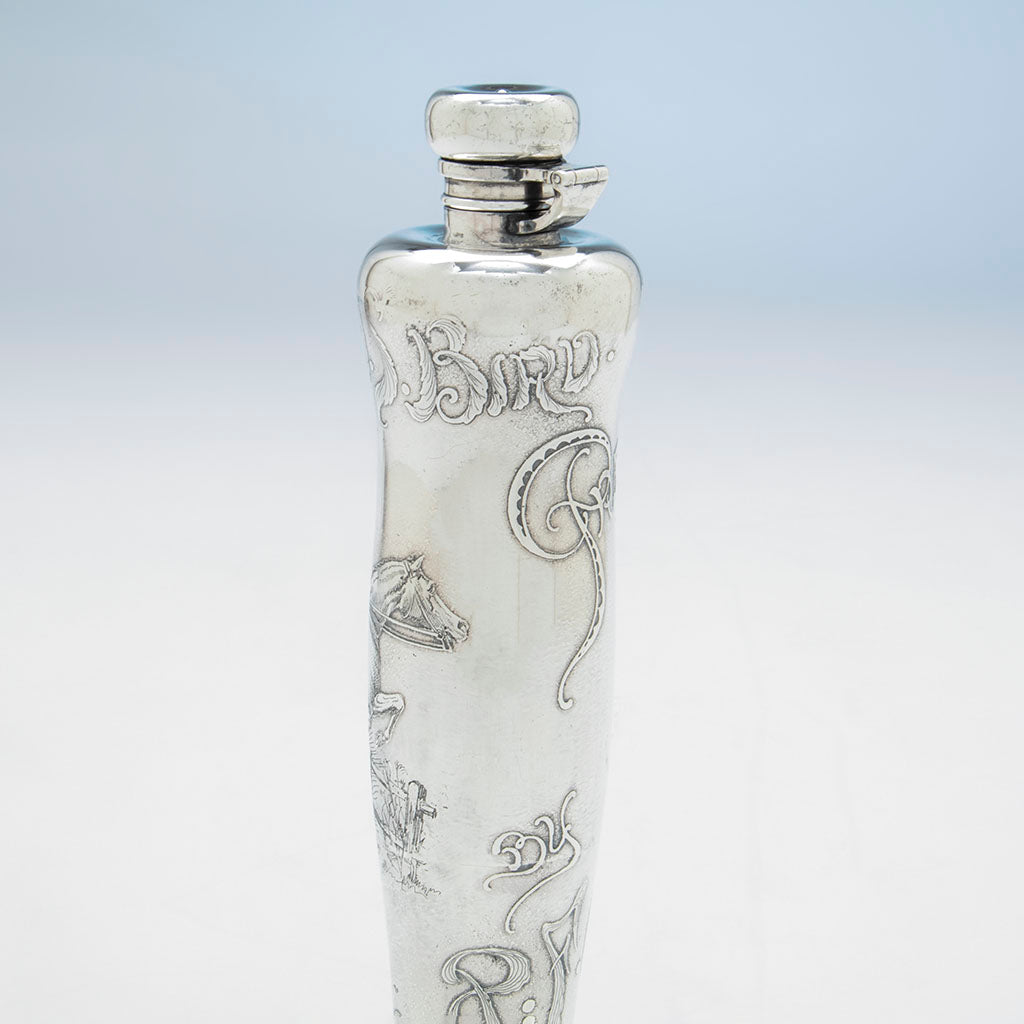 Owner of Whiting Antique Sterling Silver Equestrian Trophy Flask, NYC, NY, 1886