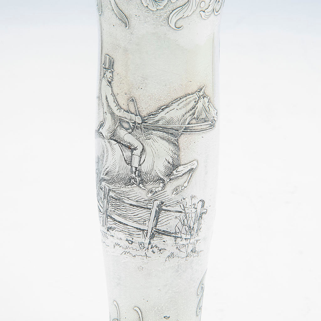 Acid-etching on Whiting Antique Sterling Silver Equestrian Trophy Flask, NYC, NY, 1886