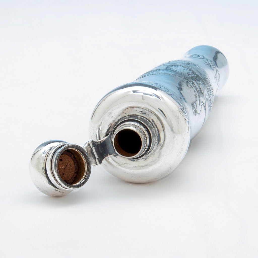 Opening of Whiting Antique Sterling Silver Equestrian Trophy Flask, NYC, NY, 1886