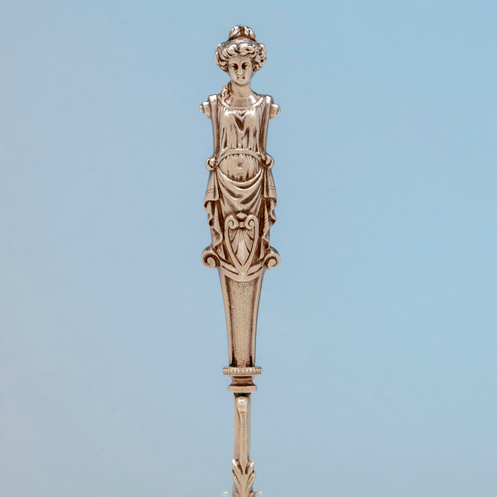 Female figure on Wood &amp; Hughes Antique Sterling Silver Figural Pie server, NYC, NY, c. 1870