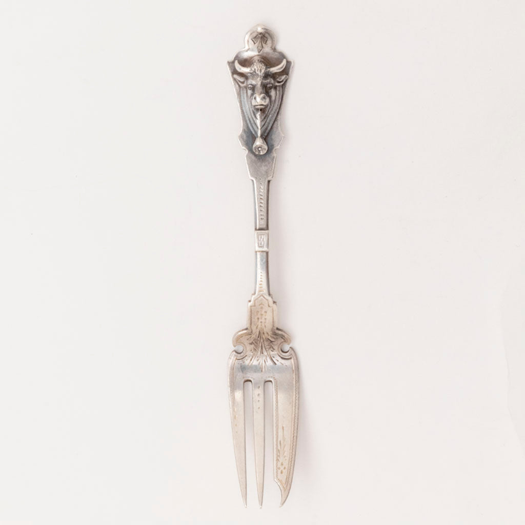 George Sharp Antique Sterling Steer-head Pickle Fork, Philadelphia, PA, c. 1870