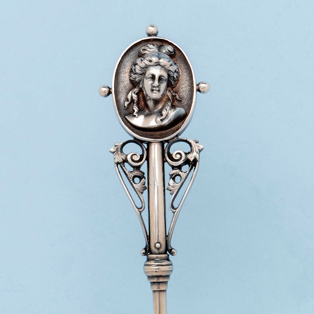 Handle detail of Wood and Hughes Sterling Silver Medallion Gravy Ladle, NYC, NY, c. late 1860s