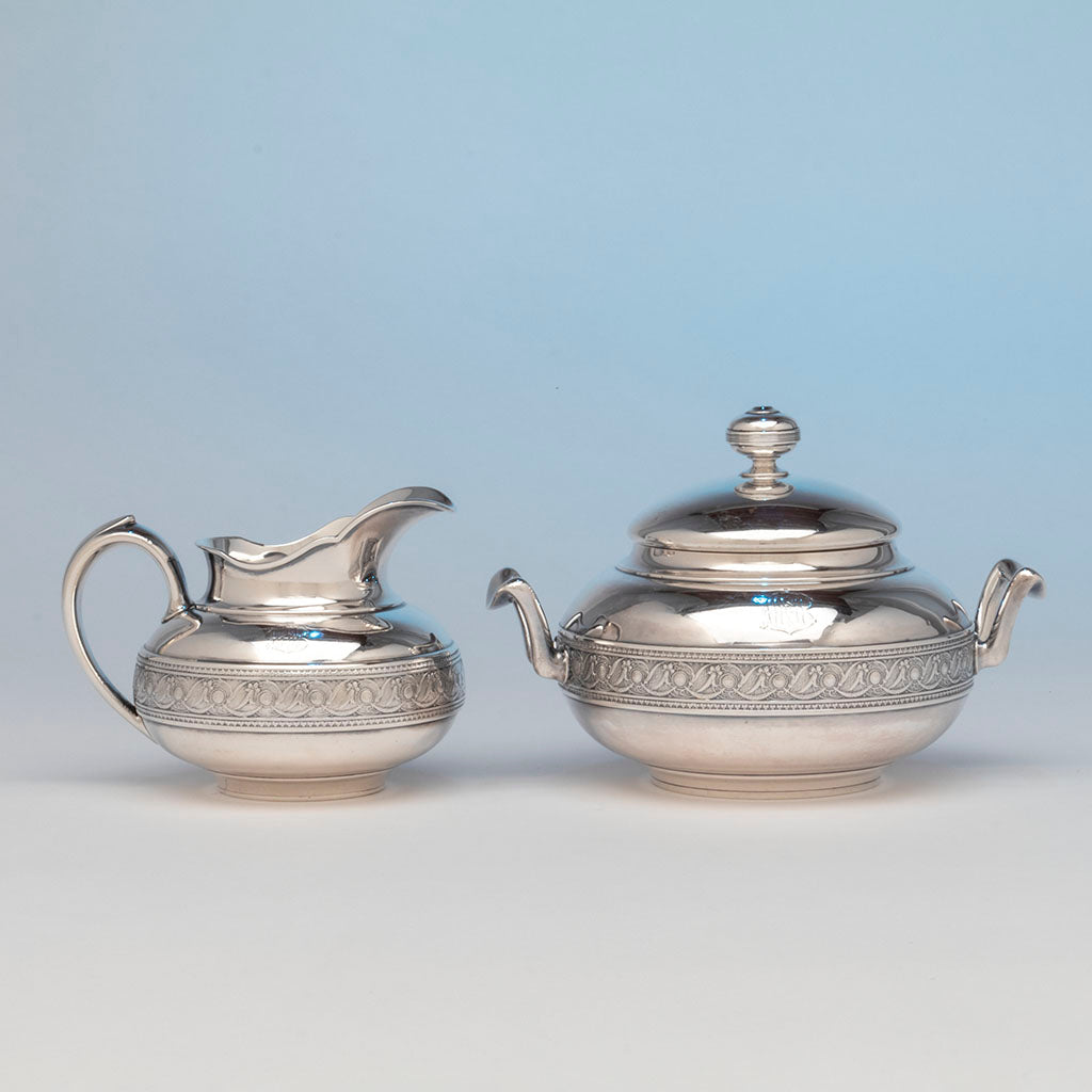 Sugar and creamer of Whiting Antique Sterling Silver Coffee and Table Service, NYC, NY, c. 1880