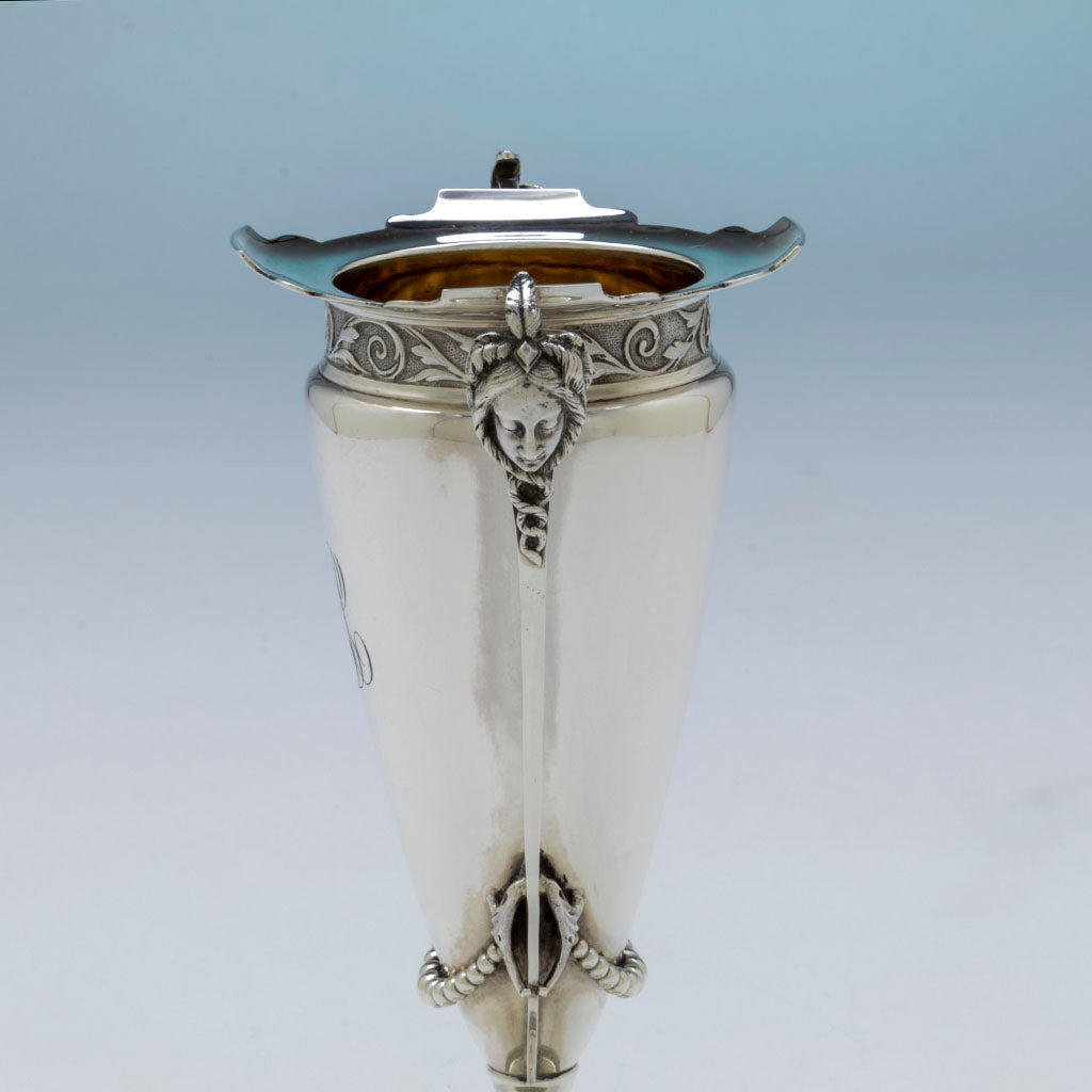 Handle showing firescale to body of Gorham Antique Coin Silver Vase, Providence, RI, 1861-1867