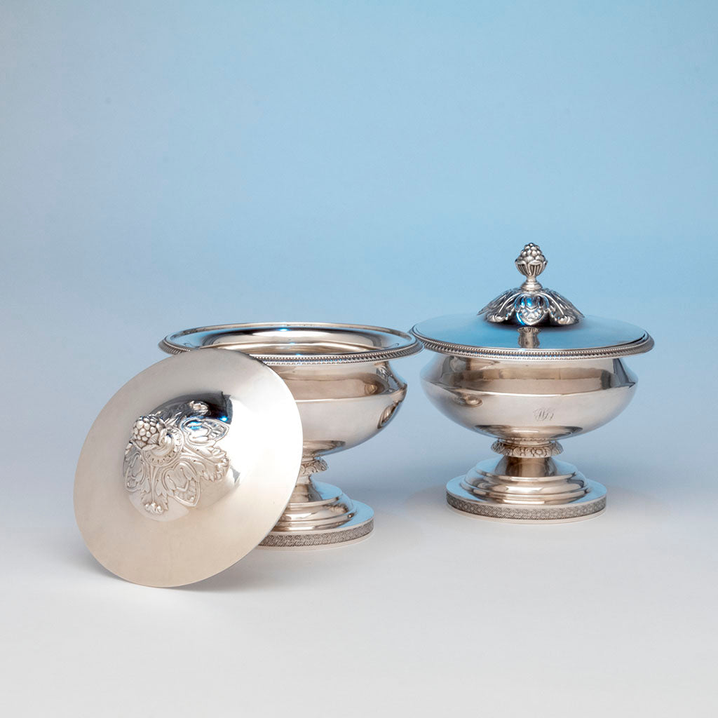 Pair of Thomas Fletcher Antique Coin Silver Sauce Tureens, Philadelphia, PA, 1830-40