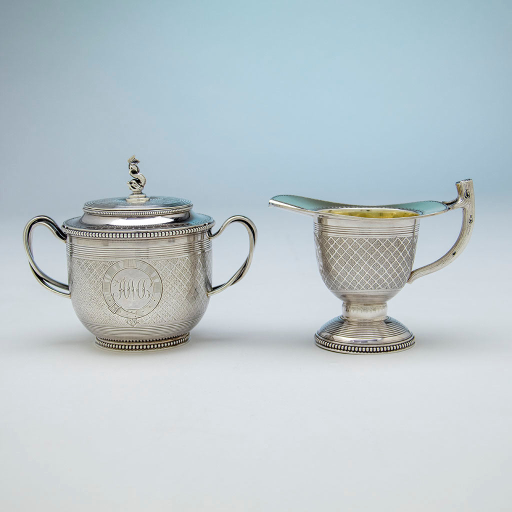 Creamer &amp; sugar to William Bogert Antique Sterling Silver Tea/ Coffee Set, NYC, NY, c. 1870