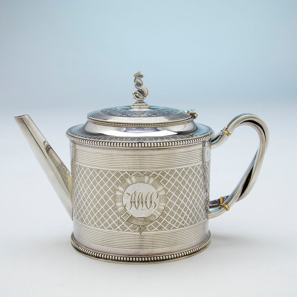 Tea pot to William Bogert Antique Sterling Silver Tea/ Coffee Set, NYC, NY, c. 1870