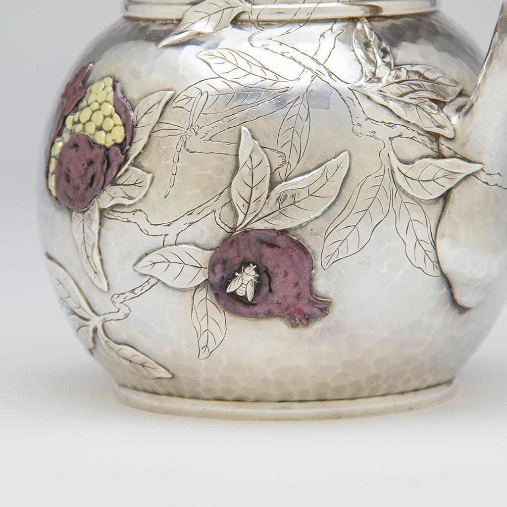 Applied bee and engraved dragonfly on Tiffany and Co Antique Sterling Silver and Mixed Metals Pitcher, NYC, c. 1879