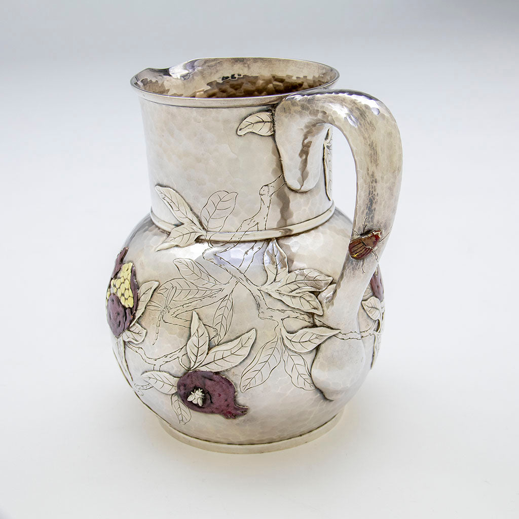Handle of Tiffany and Co Antique Sterling Silver and Mixed Metals Pitcher, NYC, c. 1879