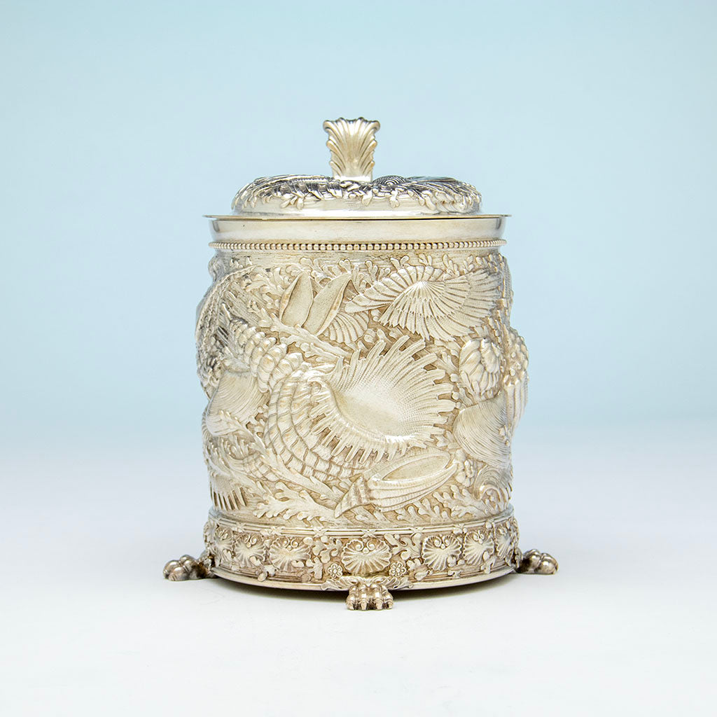 Front of Tiffany &amp; Co. Sterling Silver Massive Nautical Covered Tankard, NYC, NY, c. 1885