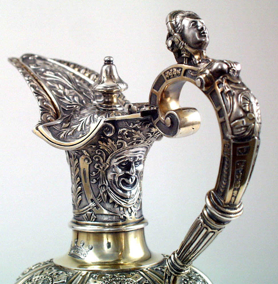Handle detail of Alfred Ivory Pair of English Sterling Wine Ewers or Claret Jugs, London, c. 1860&#39;s 