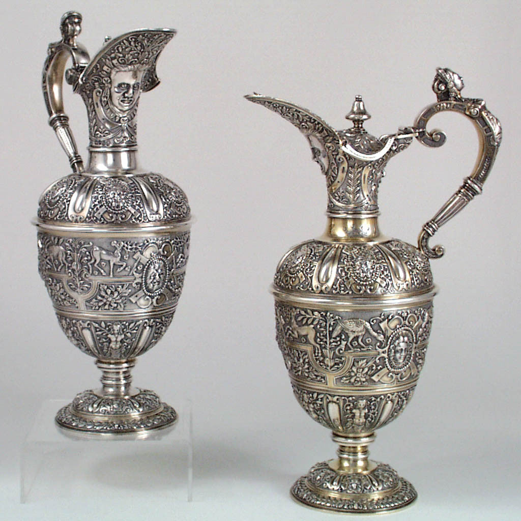 Alfred Ivory Pair of English Sterling Wine Ewers or Claret Jugs, London, c. 1860's 