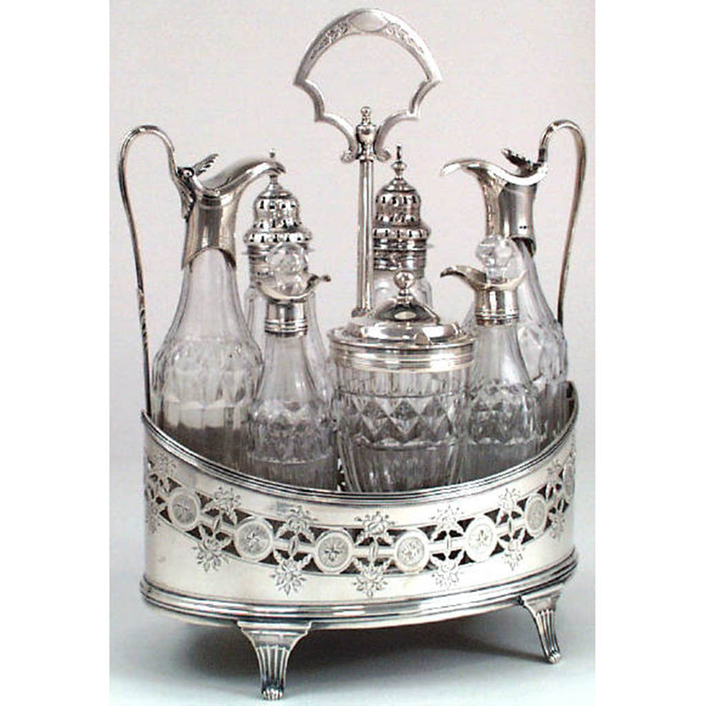 Peter & Ann Bateman Antique Sterling and Crystal Cruet Set, London, 1795/96