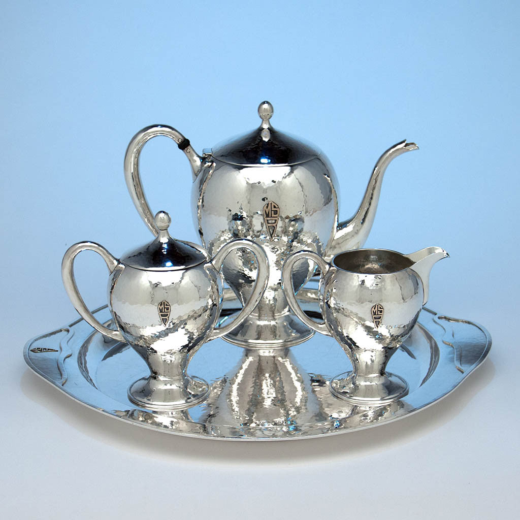 Lebolt Arts &amp; Crafts Sterling Silver &amp; Gold Coffee Service with Tray, Chicago, IL, c. 1920&#39;s