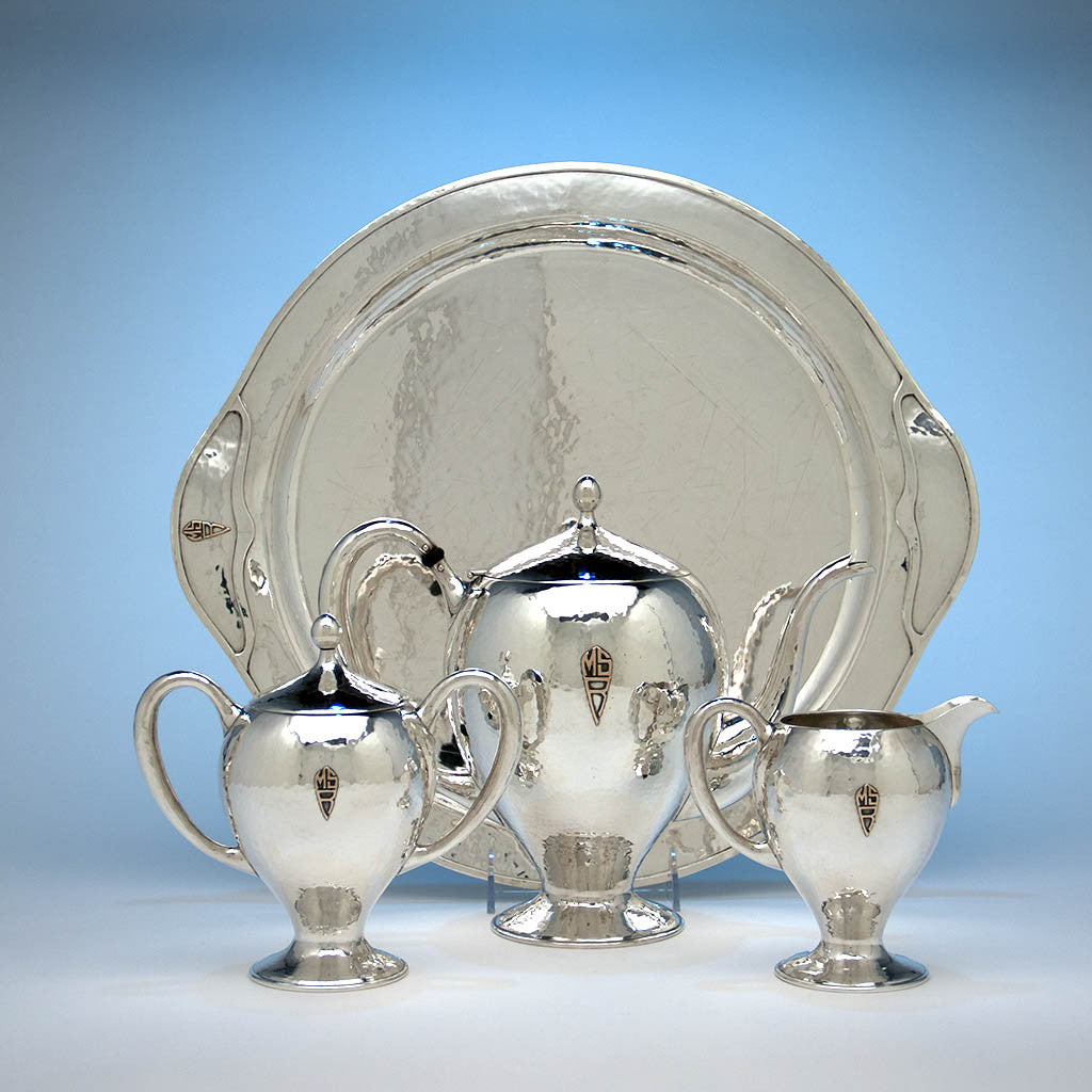 Tray standing with Lebolt Arts &amp; Crafts Sterling Silver &amp; Gold Coffee Service, Chicago, IL, c. 1920&#39;s