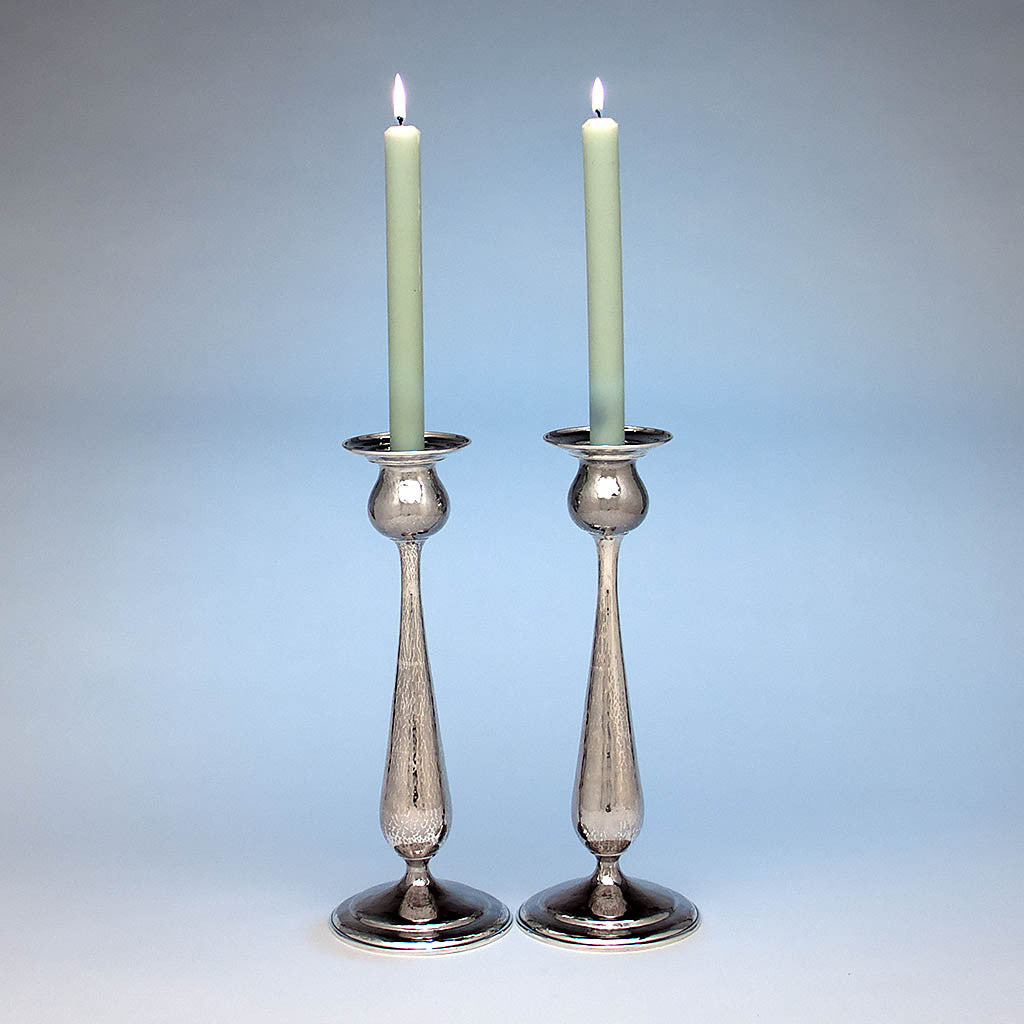 Pair of Kalo Shop Hand Wrought Sterling Silver Arts &amp; Crafts 12.5&quot; Tall Candlesticks, Chicago, Illinois - c. 1920&#39;s
