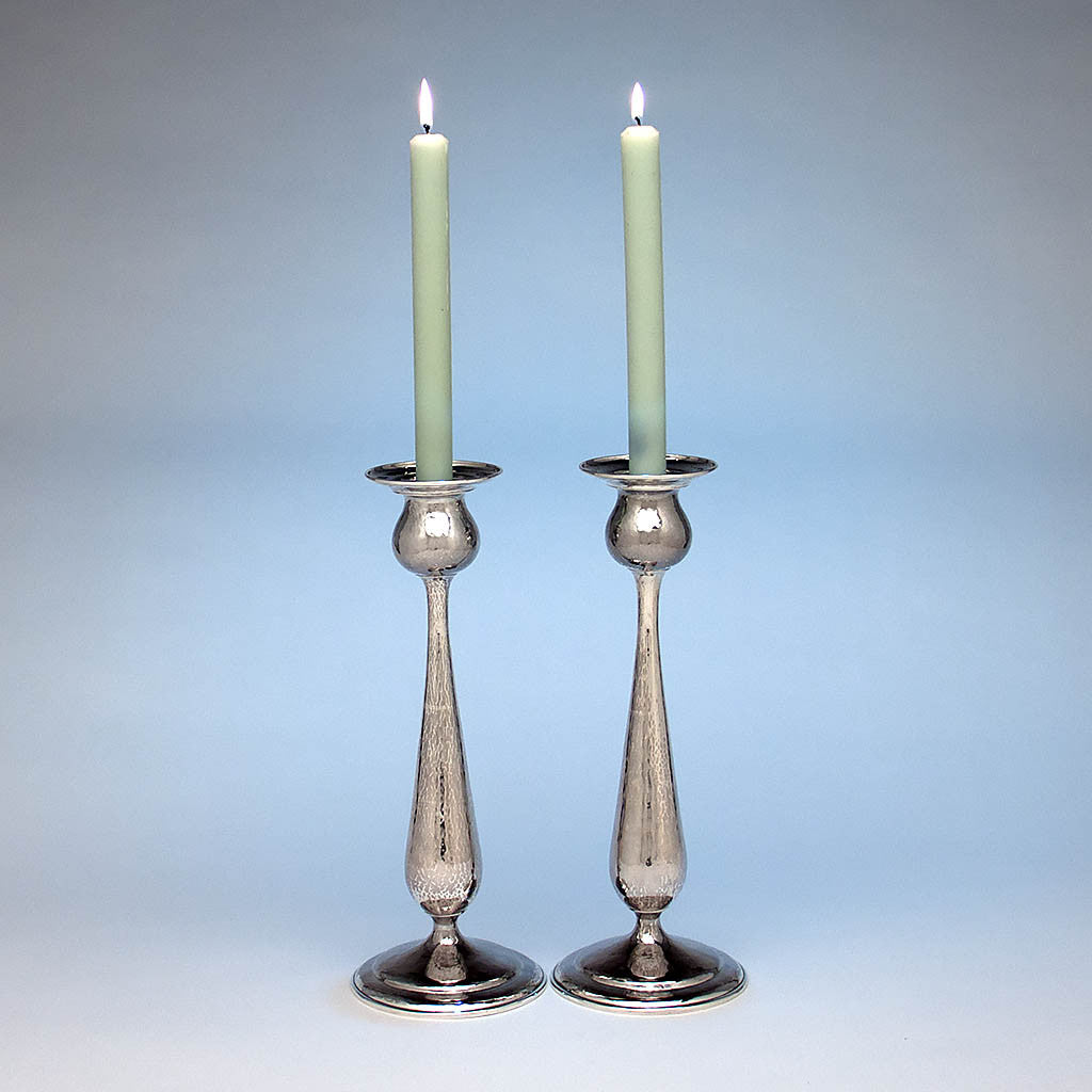 Pair of Kalo Shop Hand Wrought Sterling Silver Arts & Crafts 12.5" Tall Candlesticks, Chicago, Illinois - c. 1920's