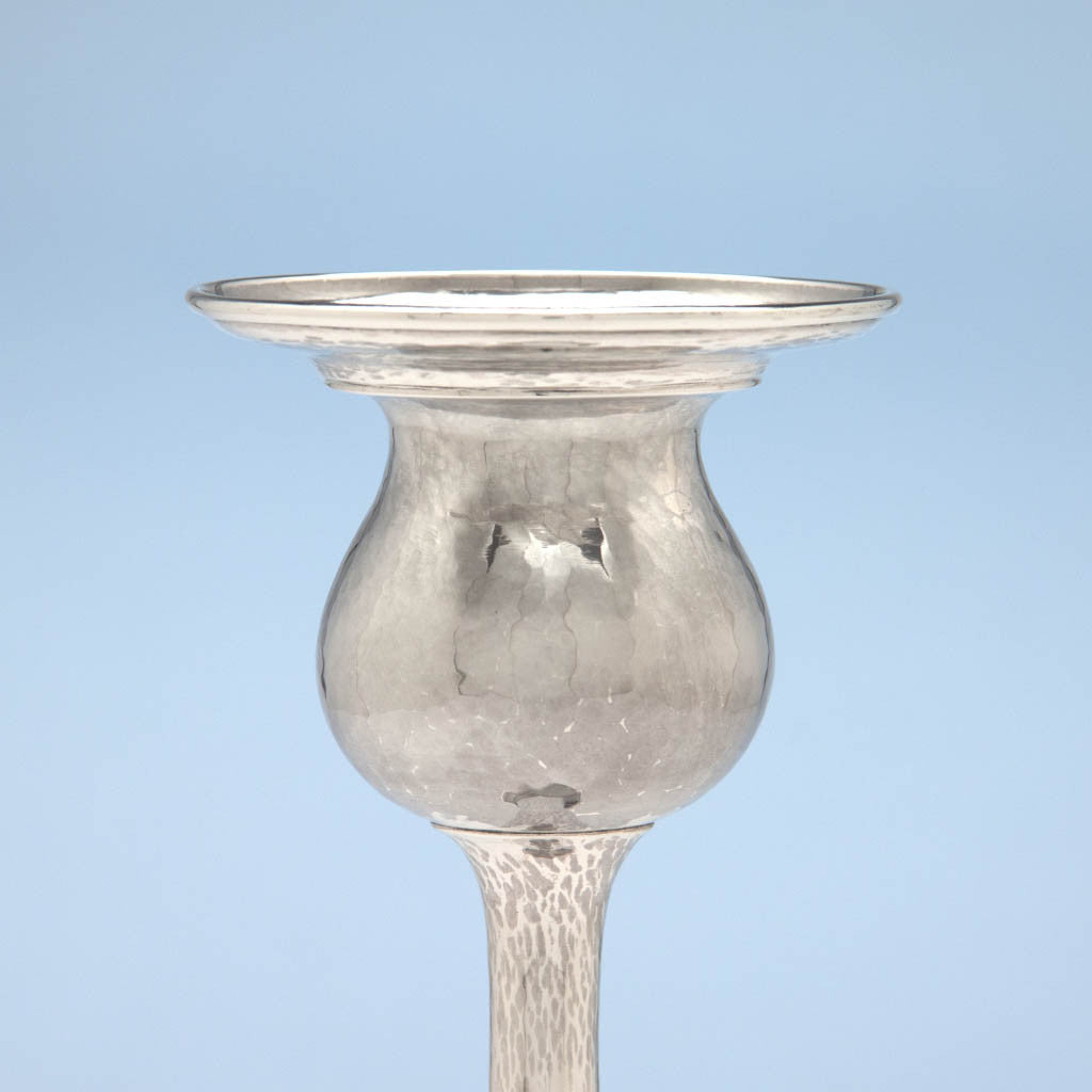 Socle on Pair of Kalo Shop Hand Wrought Sterling Silver Arts &amp; Crafts 12.5&quot; Tall Candlesticks, Chicago, Illinois - c. 1920&#39;s