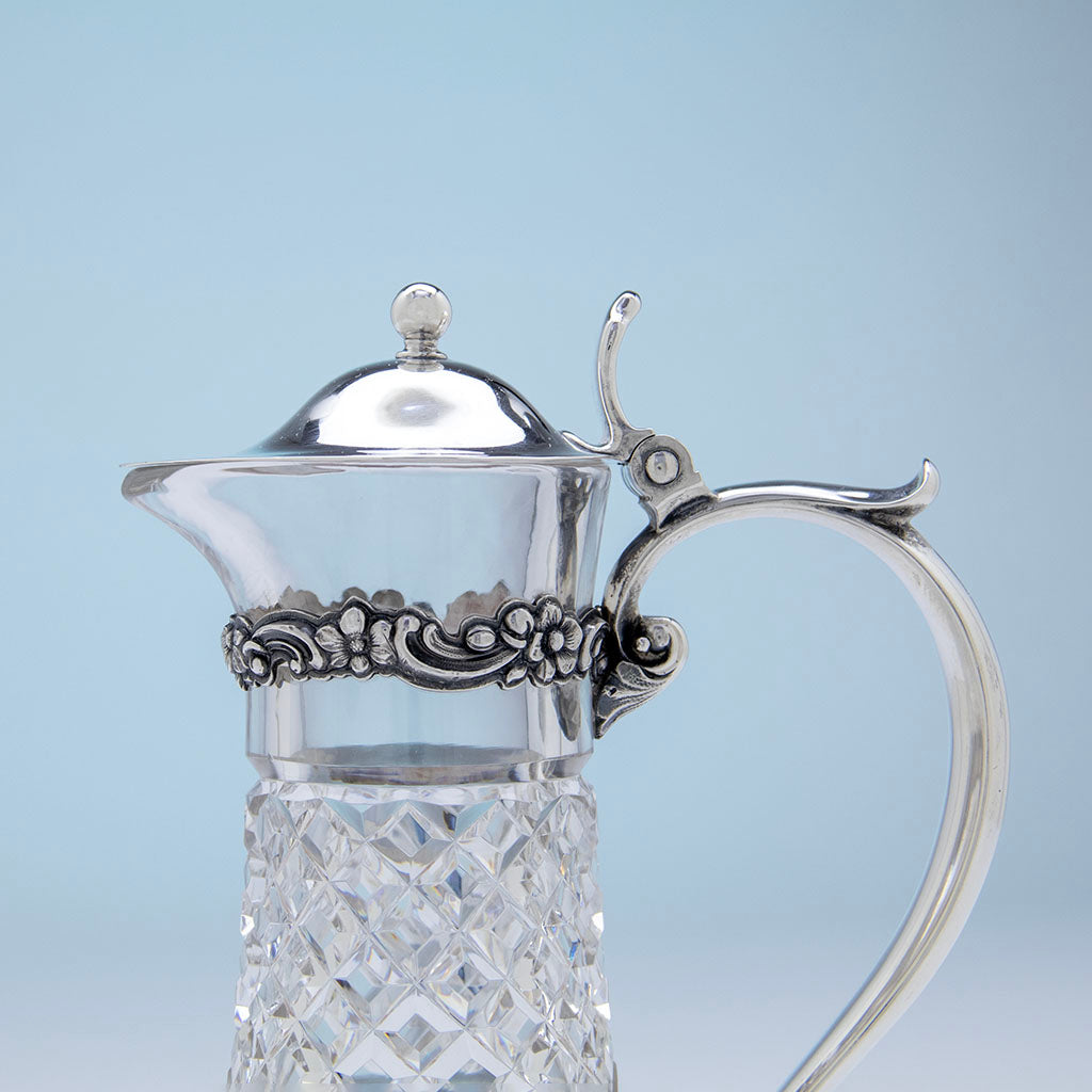 Closed Tiffany &amp; Co. Pair of Antique Sterling Silver Mounted Cut Glass Decanters or &#39;Claret Jugs&#39;, c. 1894