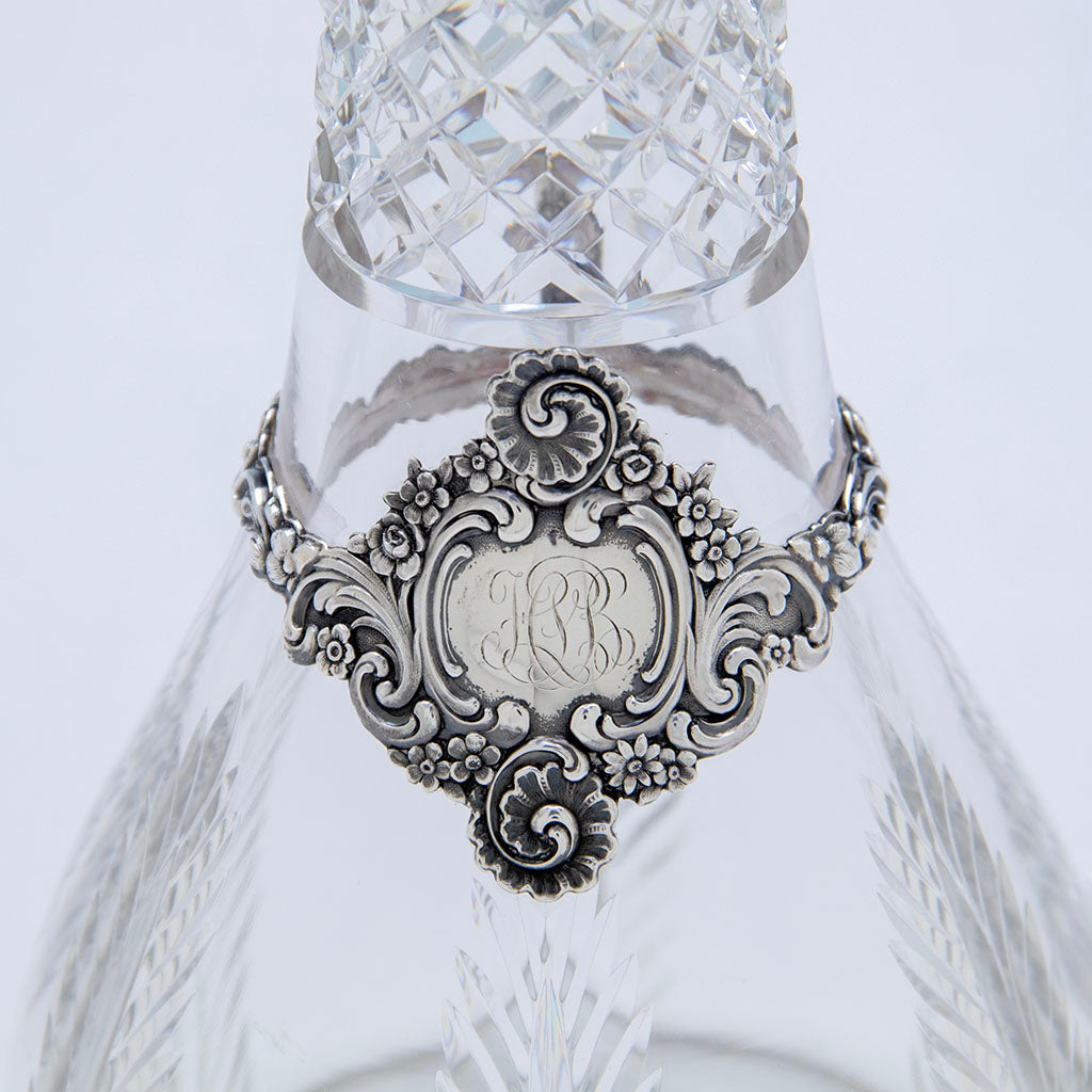 Cartouche and monogram on the Tiffany &amp; Co. Pair of Antique Sterling Silver Mounted Cut Glass Decanters or &#39;Claret Jugs&#39;, c. 1894