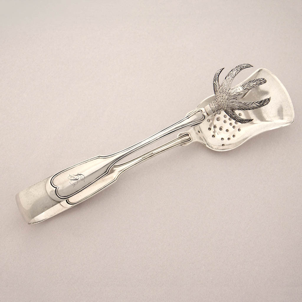 Top of William Tenney Antique Coin Silver Ice Tongs, New York City, c. 1840&#39;s