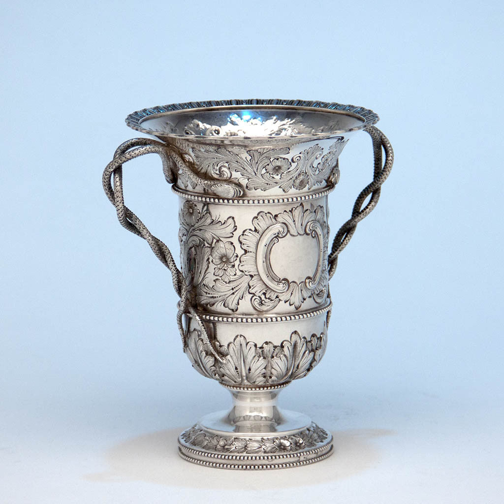 Angle view of Bailey &amp; Co. Antique Sterling Silver Repousse Snake-handled Vase, Philadelphia, PA, c. 1850