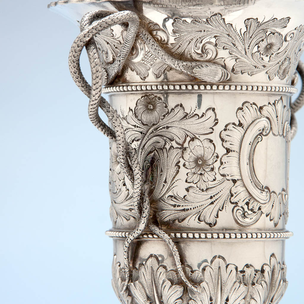 Handle on Bailey &amp; Co. Antique Sterling Silver Repousse Snake-handled Vase, Philadelphia, PA, c. 1850