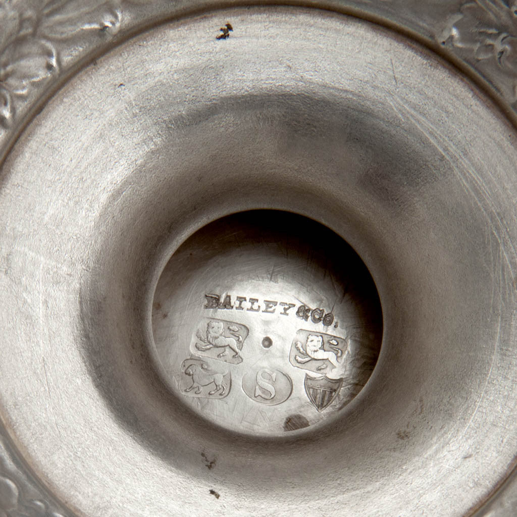 Marks on Bailey &amp; Co. Antique Sterling Silver Repousse Snake-handled Vase, Philadelphia, PA, c. 1850
