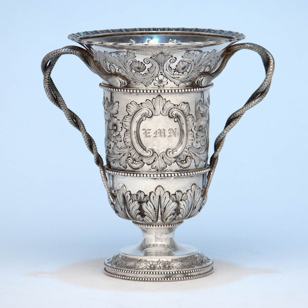 Bailey & Co. Antique Sterling Silver Repousse Snake-handled Vase, Philadelphia, PA, c. 1850