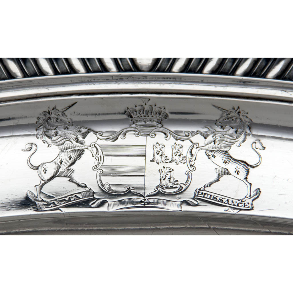 Paul Storr English Regency Large Antique Sterling Silver Meat Platter, London, 1819/20, bearing the Arms of the Earl of Stamford